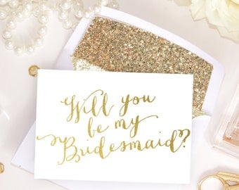 Card Set: Will you be my Bridesmaid, Maid of Honor card, bridal party proposals White & Gold Foil, invitation instant download DIY Printable