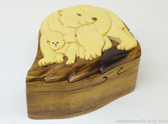 Hand Carved Wood Art Intarsia Bear Puzzle Jewelry Trinket Box Home 