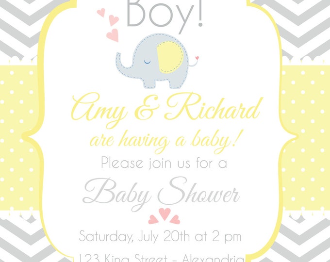Baby Shower Invitation. Baby girl. Boy babyshower. Chevron babyshower invitation. Elephant babyshower. Pastel tone babyshower. Printable