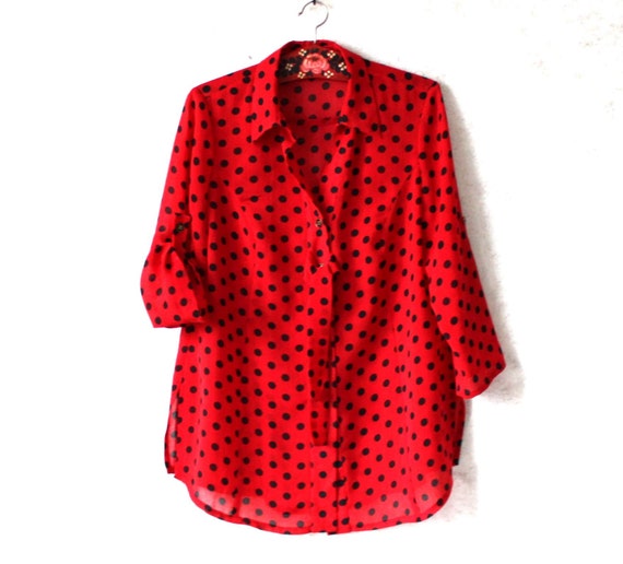 Vintage 90s Red Black Polka Dot Shirt Blouse by Nextgemvintage