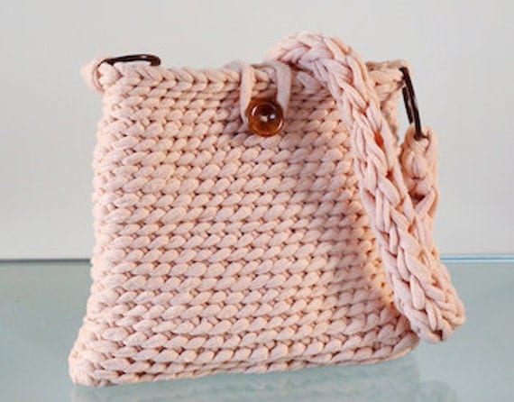 Crochet XXL - Bolso pequeÃ±o de trapillo rosa salmÃ³n, Ãºnico