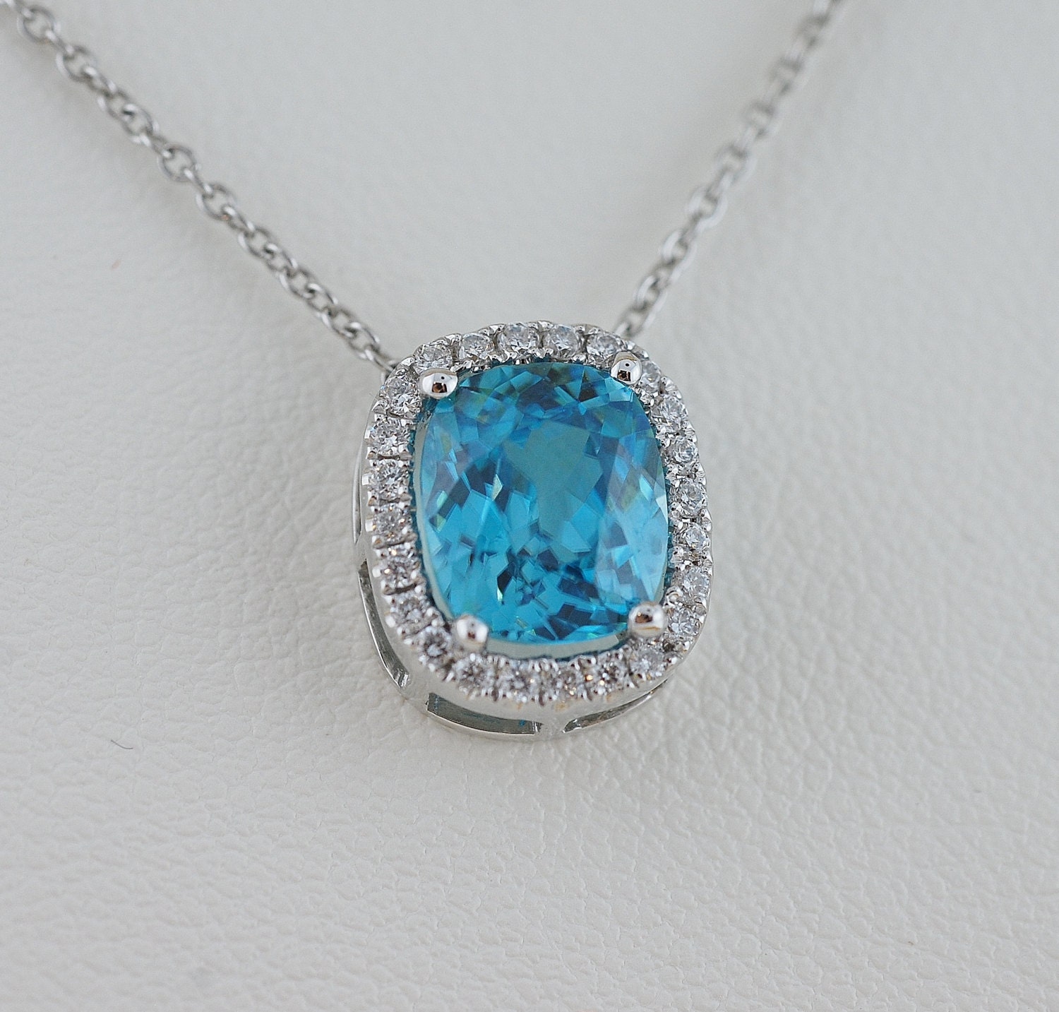 Blue Zircon and Diamond Pendant in White Gold