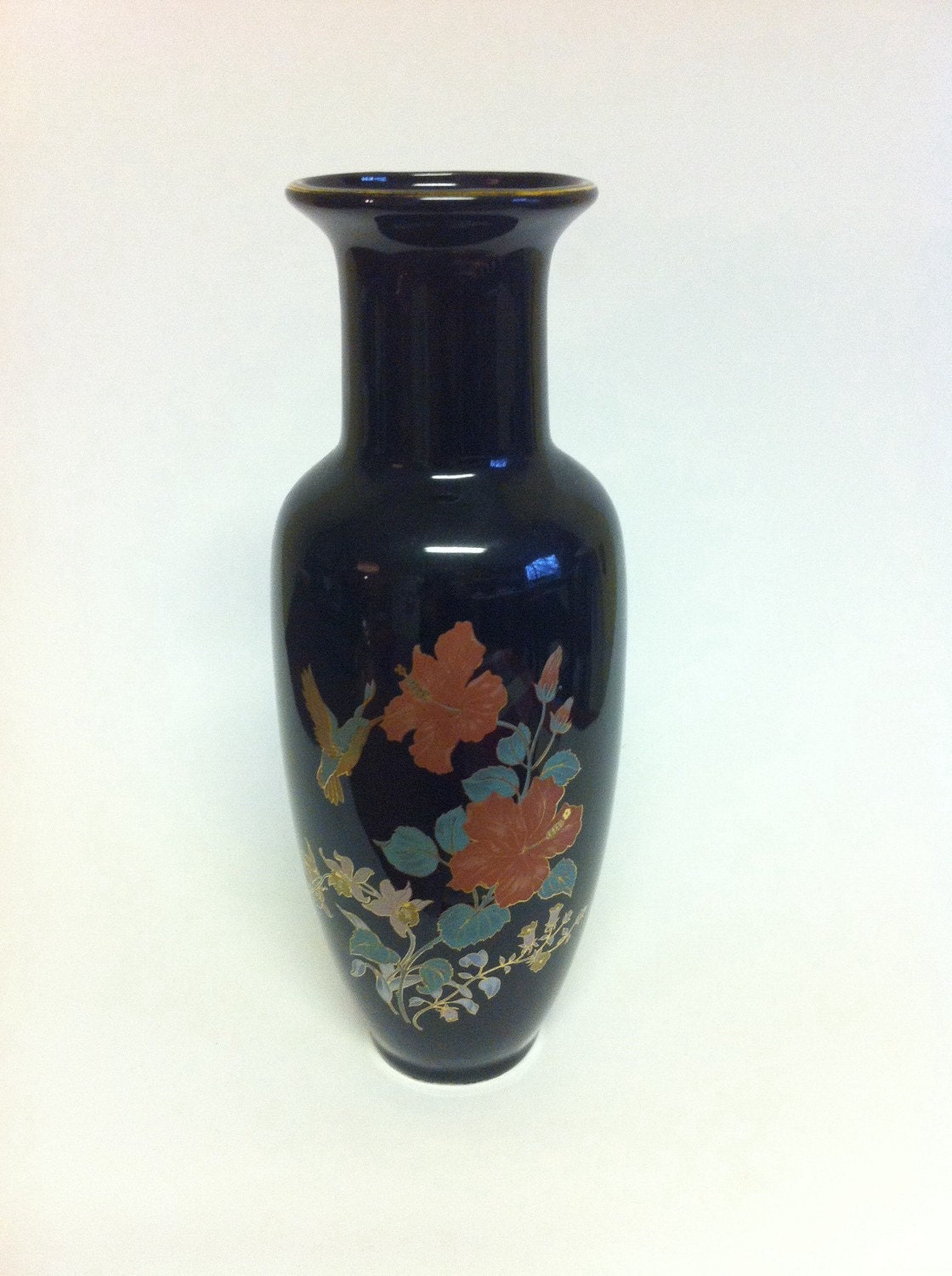Vintage Black Hummingbird Floral Vase /Black Vase / Large Vase / Tall