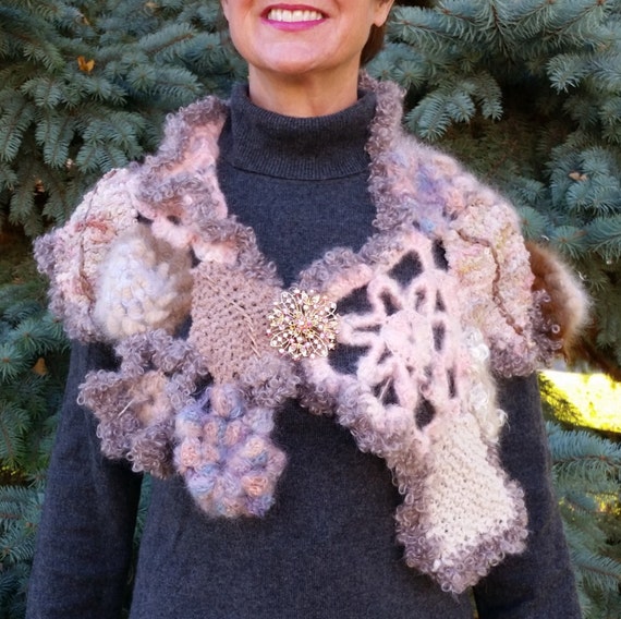 A Beautiful FreeForm Knit and Crochet Collar. Beige Taupe