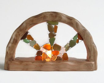 Waldorf inspired wooden candle holder - Sea glass sun catcher - Sea glass candle holder - Sea glass sun - Waldorf home decor