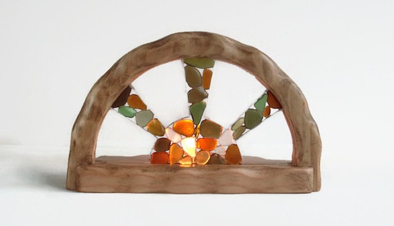 Waldorf inspired wooden candle holder - Sea glass sun catcher - Sea glass candle holder - Sea glass sun - Waldorf home decor