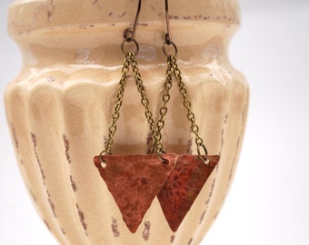 Hammered Copper Dangle Earrings, Rustic Jewelry, Mixed Metal Earrings, Modern Chandelier Earrings, Metal Jewelry by EmmaLeah Designs