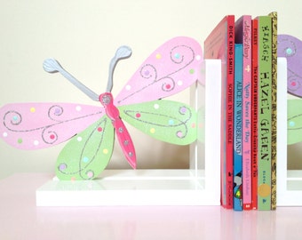 Butterfly Bookends - Children's Bookends, Bookends, Girls Bookends, Wooden Bookends, Nursery Decor, Painted Bookends, Nursery Bookends