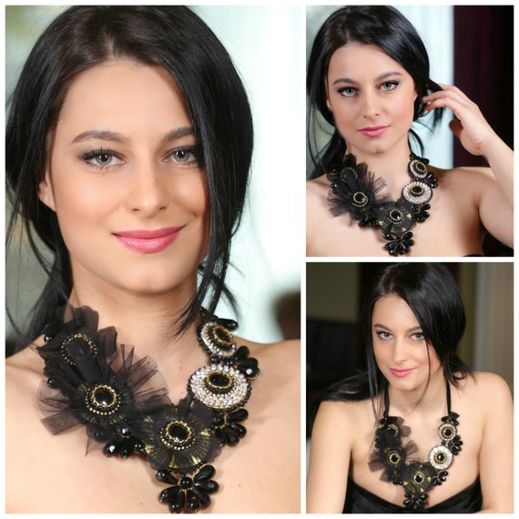 Black onyx,crystal statement necklace,beadwork