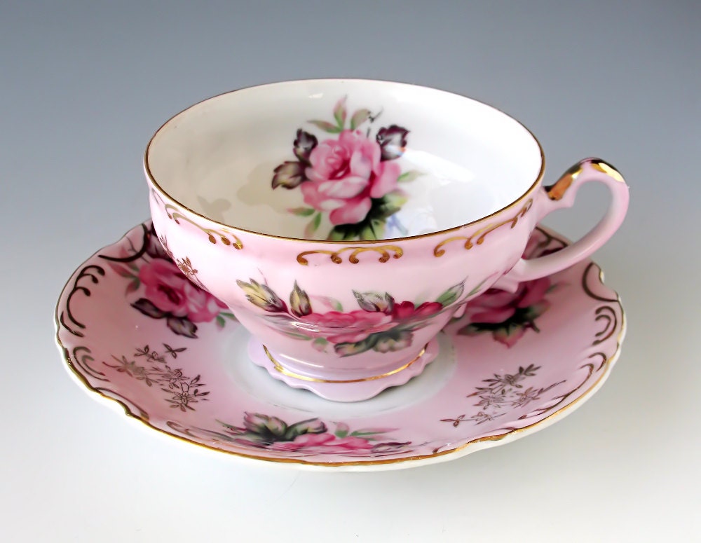 Lefton China Handpainted Tea Cup and Saucer Teacup Set Pink