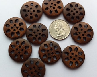 10 Wood Buttons 25mm Large Wooden button 1" inch Coffee Dark Brown Hollow Flower Sewing Notions Embellishments Crafting Scrapbooking Supply