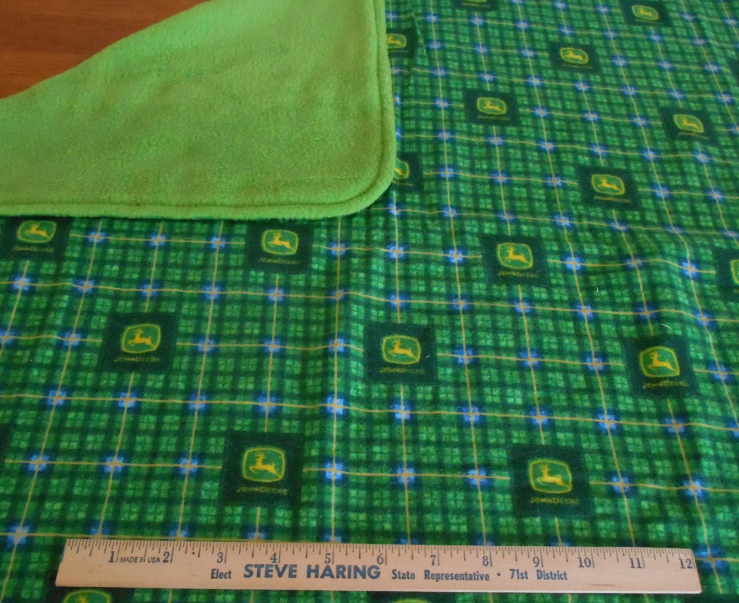 Green Fleece Blanket with John Deere Flannel by SueAndHazel