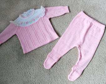 Vintage - Baby Pink Sweater Top & Footie Pant Set (Size 6M - 9M)