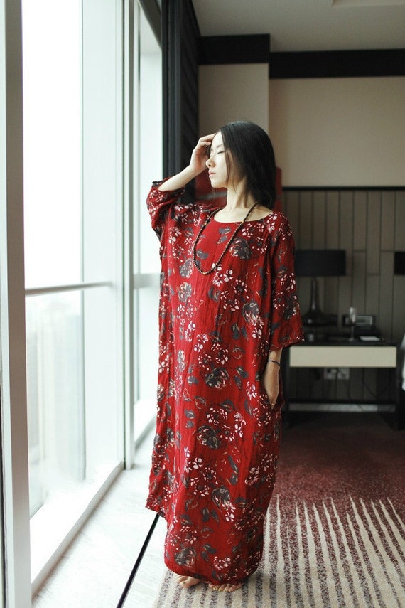 Linen Maxi dress Red dress / loose causal by TangDynastyJasmine