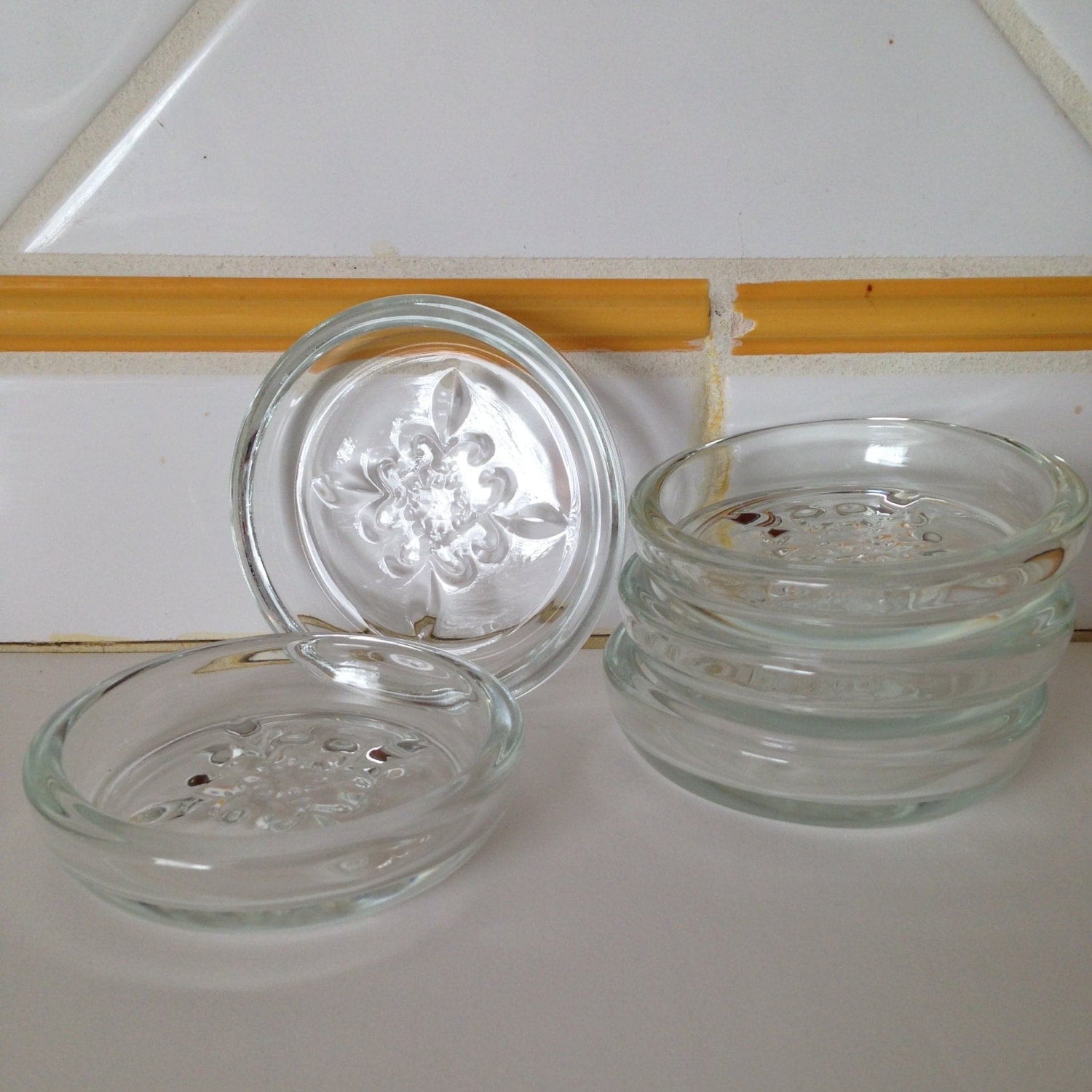 Vintage Glass Coaster Set of Five / Glass Coasters with Fleur