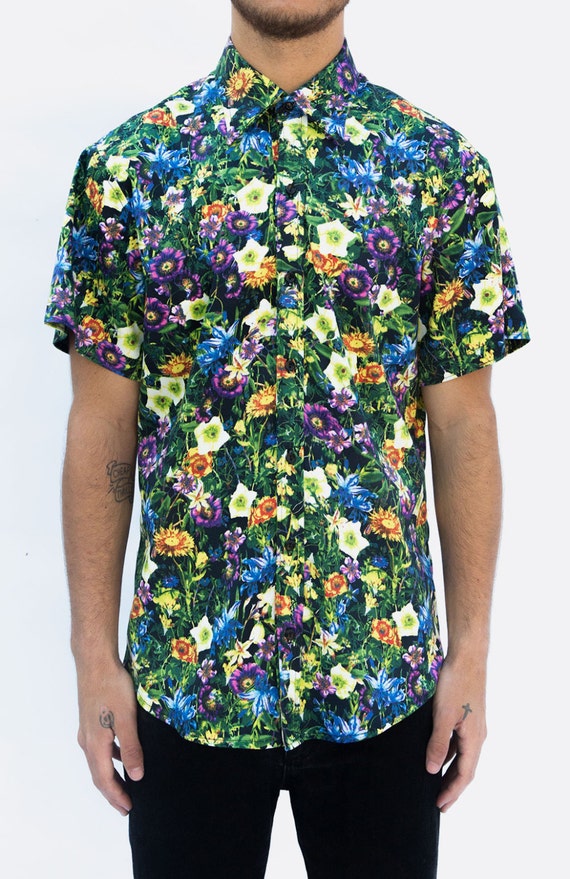 Items similar to Neon floral print, mens short sleeve button up shirt ...
