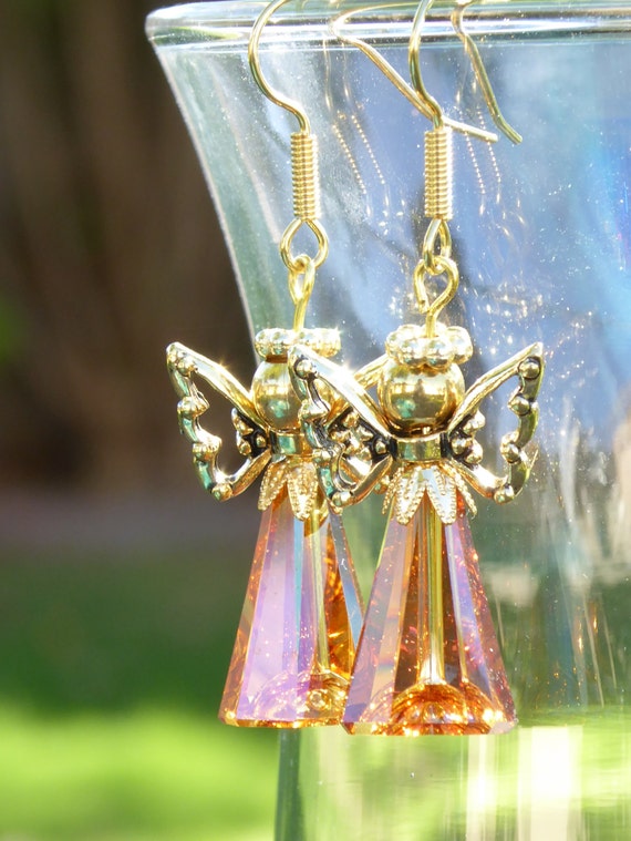 Swarovski large Christmas Angel earrings with crystal copper