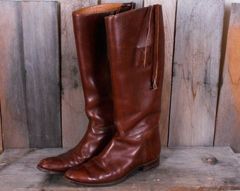 Vintage Brown Genuine Leather Tall Riding Boots, Equestrian, Size 6
