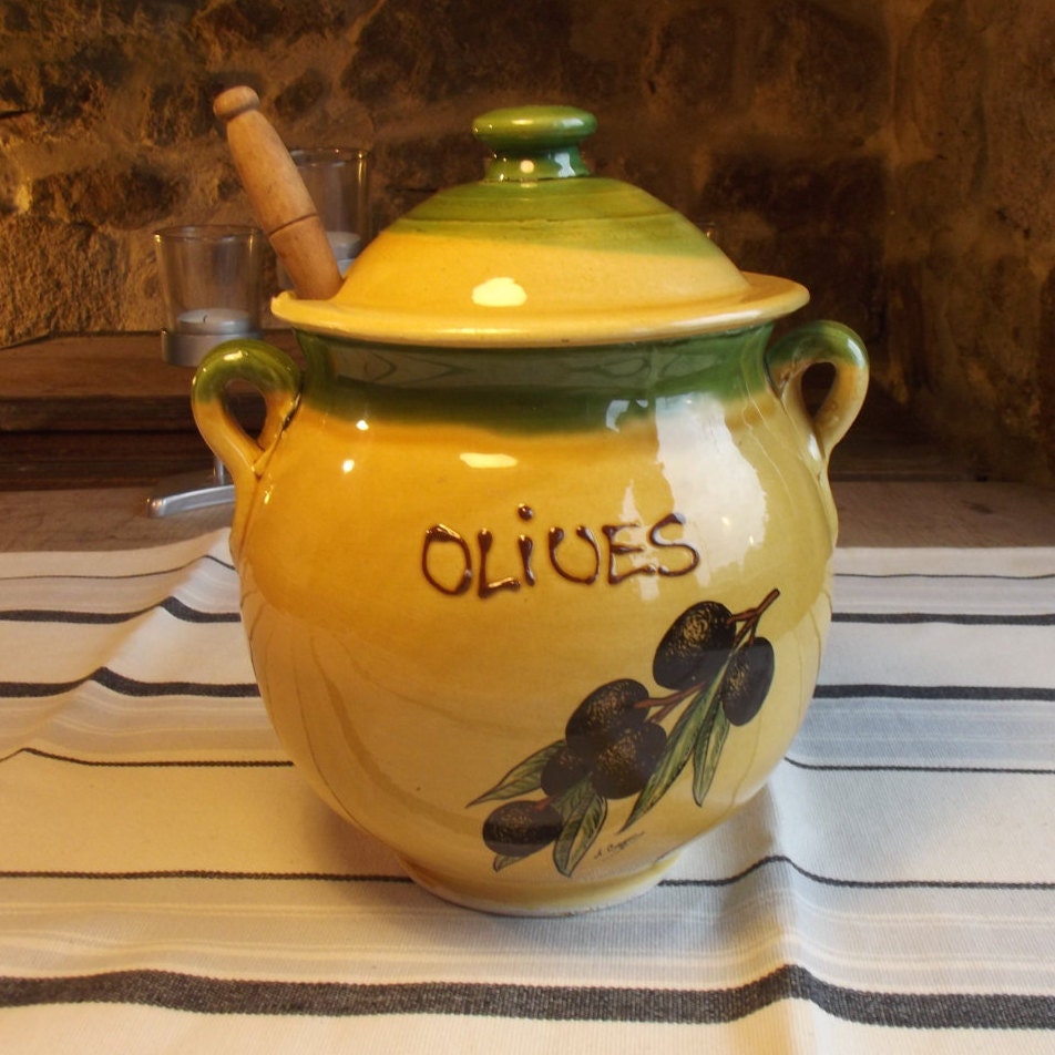 Vintage French Ceramic Olive Jar and Wooden Olive Spoon