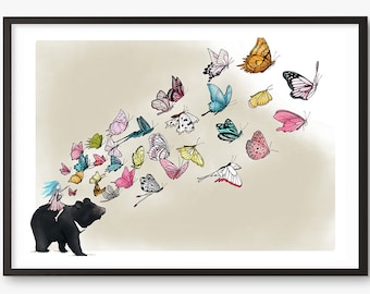 Moon Bear Butterflies Art Print - Illustration drawing butterfly A4 / A3 / A5 / 8 x 10 giclee print