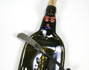 Dark Amber Wine Bottle Serving Tray with Dichroic Glass and Cork and Spreader - Recycled Eco-Friendly