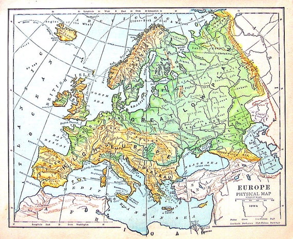 Map of Europe Physical Map Antique Map Dated 1888 World