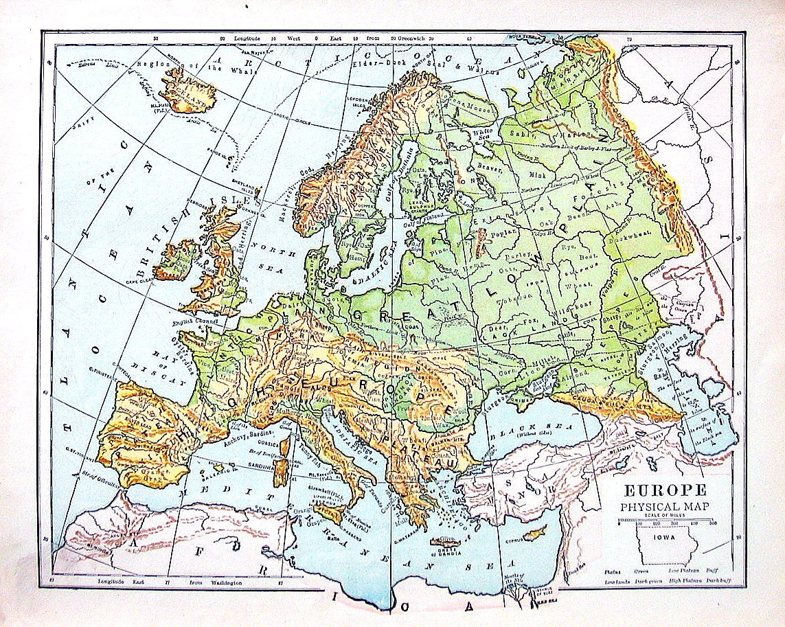 Europe Map 1899 Antique Physical Map of Europe Antique