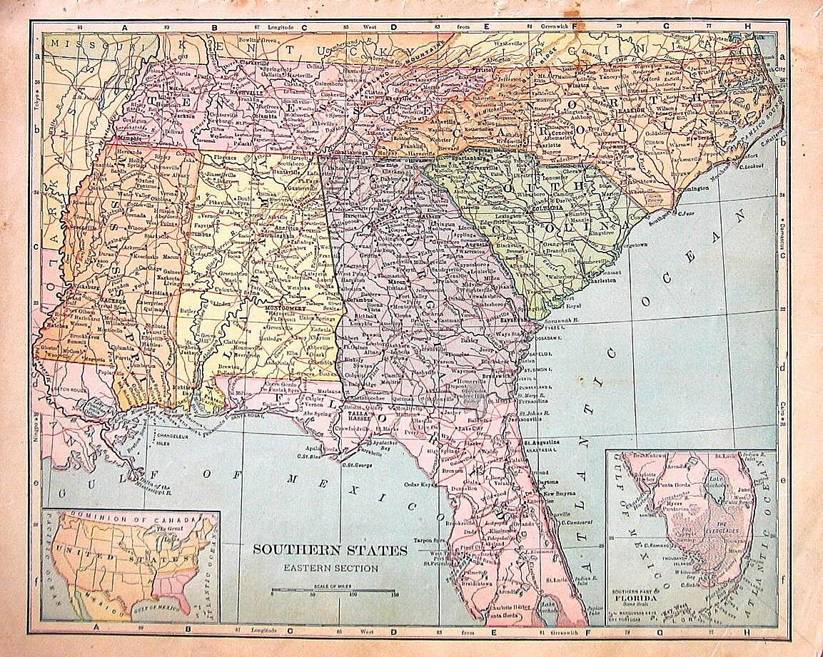 US State Map Southern States Eastern Section 1895 Antique