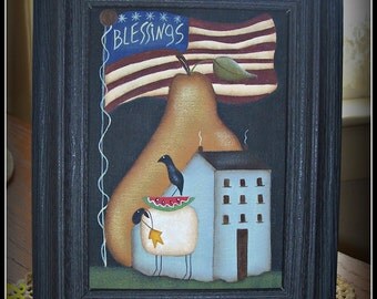 Primitive Americana Flag Saltbox House Pear Sheep 5 x 7 Canvas Framed Home Decor