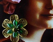 Vintage 1930s Filigree Green Flower Hat Pin Costume Jewlery Pin Brooch