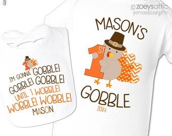 Baby's first thanksgiving outfit - matching bib and bodysuit / shirt set - 1st turkey day first thanksgiving