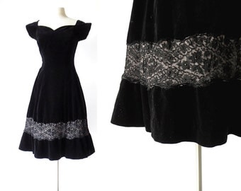 1950s Party Dress | Black Velvet Dress | 50s Vintage Dress | Small S