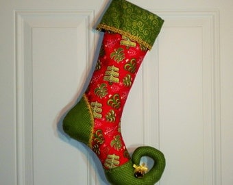 Christmas Stocking with Curly Elf Toe in Christmas Tree Print
