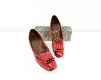 1960s Red Heels, 60s Patent Leather, Vintage Marsala Shoes, Orange Shoes, Vintage Red Shoes, 60s Rust Shoes, Size 6 1/2, Euro 37