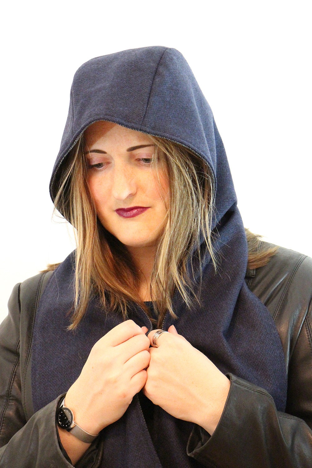 Navy blue and gray hooded wool scarf