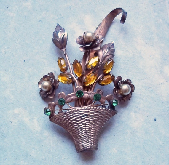 Vintage Sterling Silver Flower Basket Brooch with Rhinestones