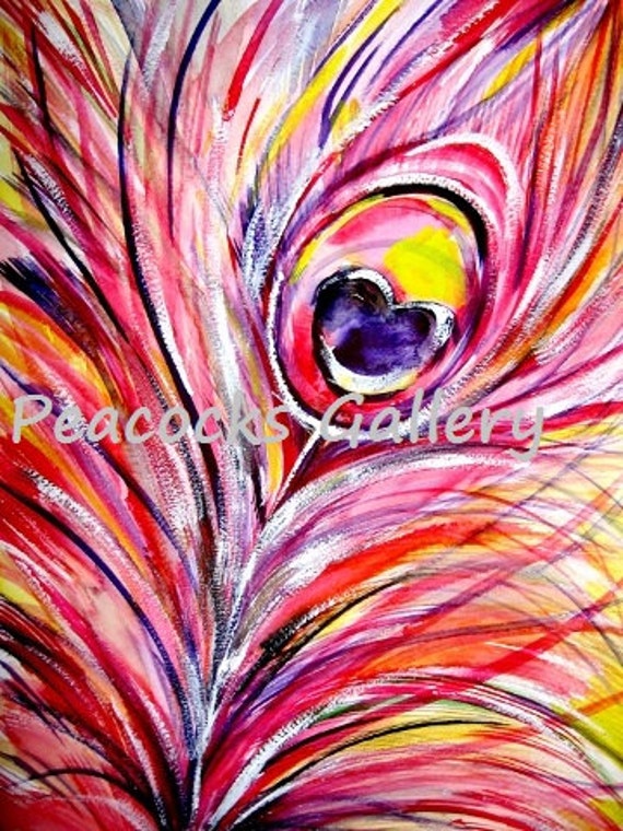 Items similar to PEACOCK PAINTING Red feather Art Print 11x14 from Watercolor on Etsy