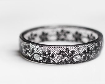 Black Lace Resin Bangle Bracelet Vintage French Lace Medium Cuff OOAK resin jewelry