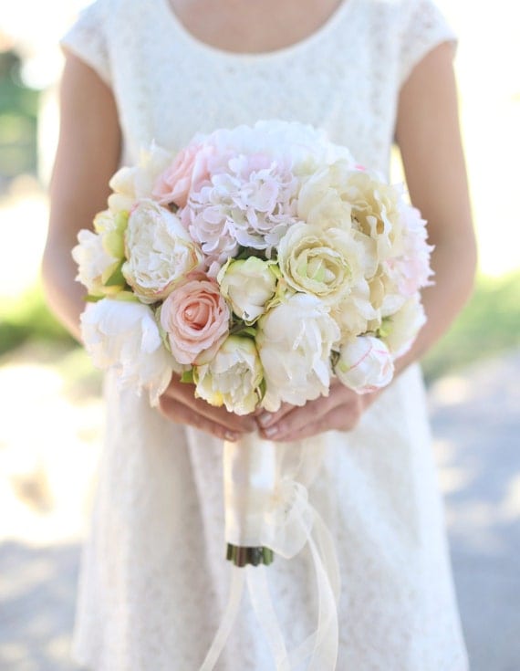 Silk Bride Bouquet Cream and Pale Pink Roses and Peonies Wildflowers Natural Bouquet Shabby Chic Vintage Inspired Rustic Wedding Keepsake by braggingbags