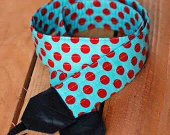 Aqua and Red Dot SLR Camera Strap with Leather Ends - Free Shipping