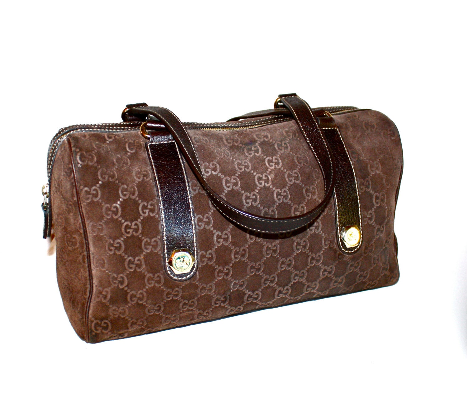 GUCCI Vintage Speedy Handbag Brown Monogram Suede and Leather