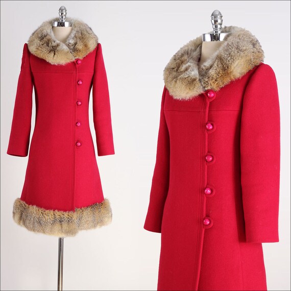 vintage 1960s coat . red wool . coyote fur . 4699