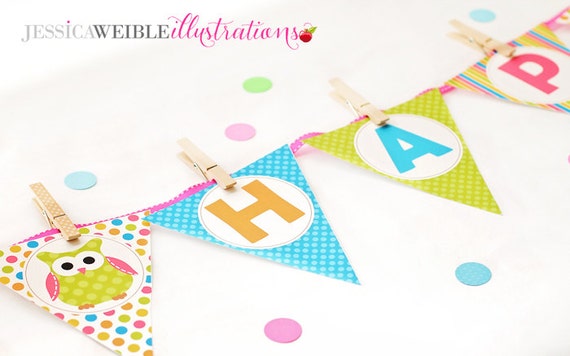 Polka Dot Owls Theme Printable Banner- Printable Party Favors - Owl Party Printables, Printable Owl Birthday Banner - Garland Il_570xn