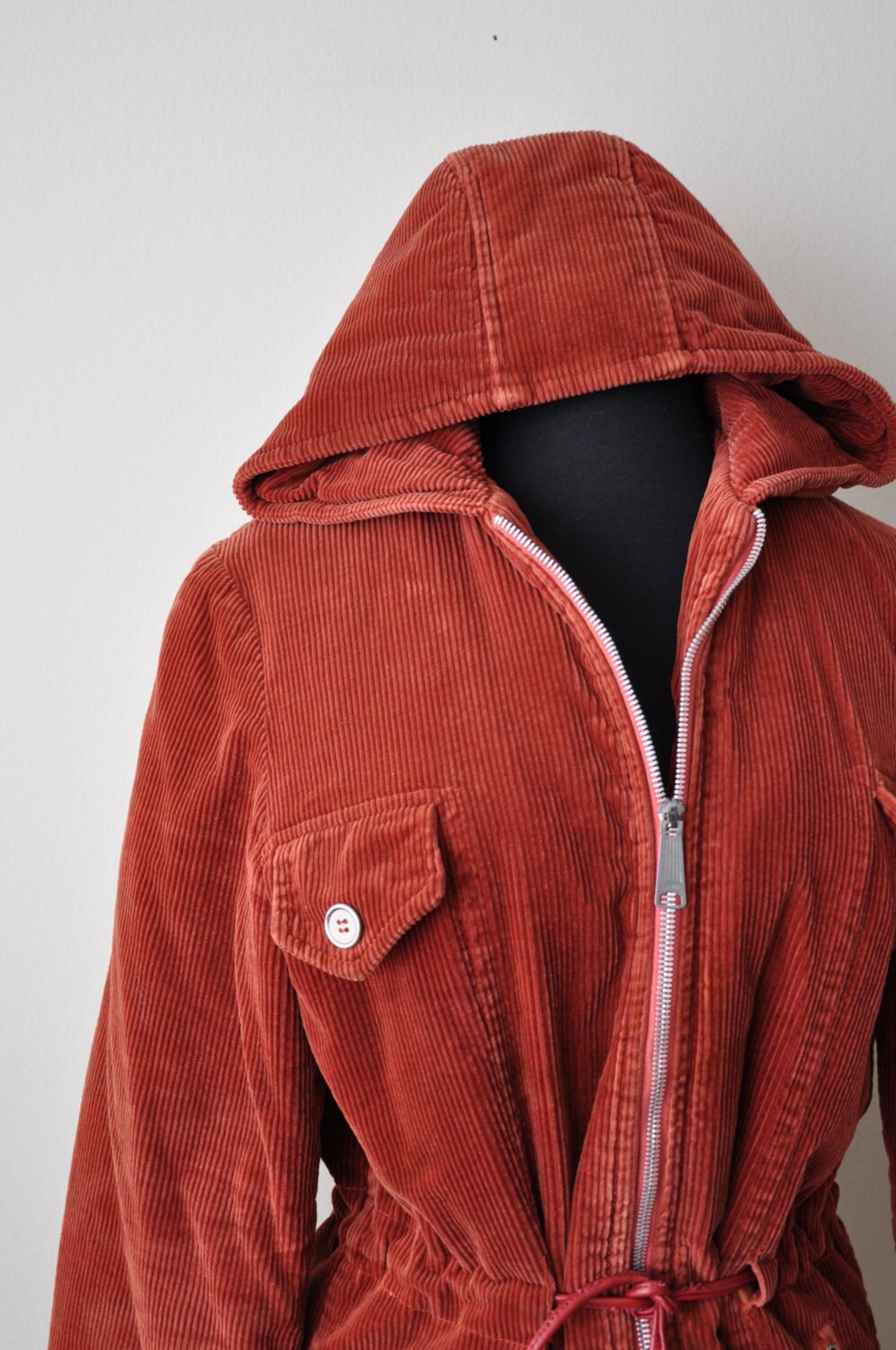 SALE Vintage 70's Rust Red Corduroy Jacket with Hood sz.