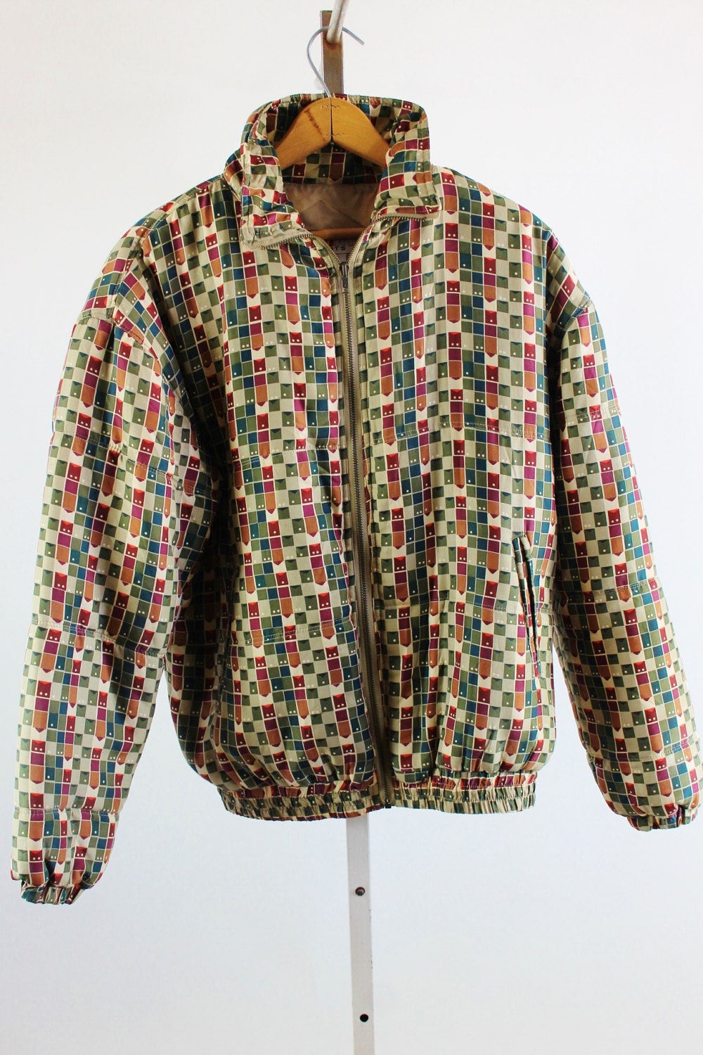 Vintage 90s Green Brown Red Modern Print Silk Puffy Jacket – Womans ...