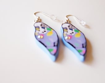 Budgie Earrings Blue Lilac, Handmade, Dangle Earrings, Birds, Kawaii