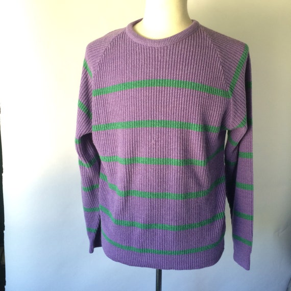 Purple and Green Striped Acrylic Preppy Sweater 70s Vintage