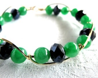 Bangle, Bracelet,Jade, Black Crystals, 14 k Gold Filled, Handmade Jewelry, Gift Idea