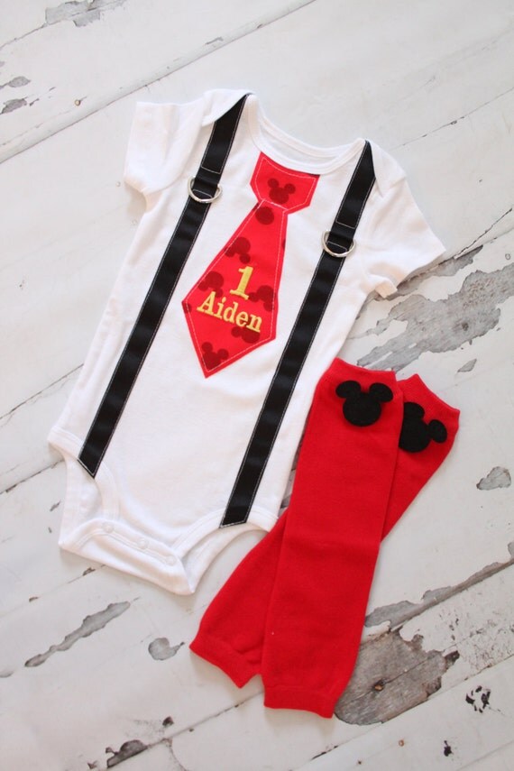 Mickey Mouse Birthday Tie and Suspenders One Piece Bodysuit & Leg Warmers w Mickey Buttons Baby Boy 1st Birthday Outfit Party Disney Style by ChicCoutureBoutique