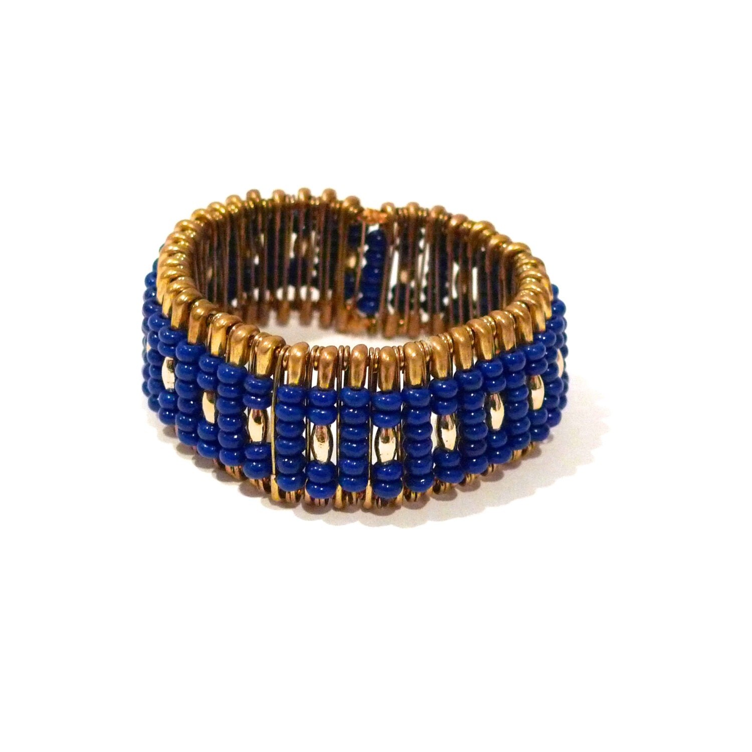 Blue Safety Pin Bracelet Vintage Stretch Beaded Bracelet Royal